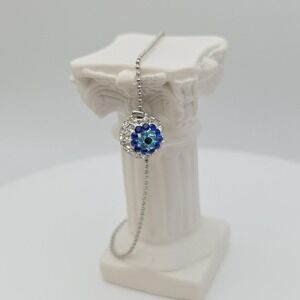 Evil‎ Eye Bracelet Blue Crystal Encrusted Sphere 18k White Gold Plated 6¾"